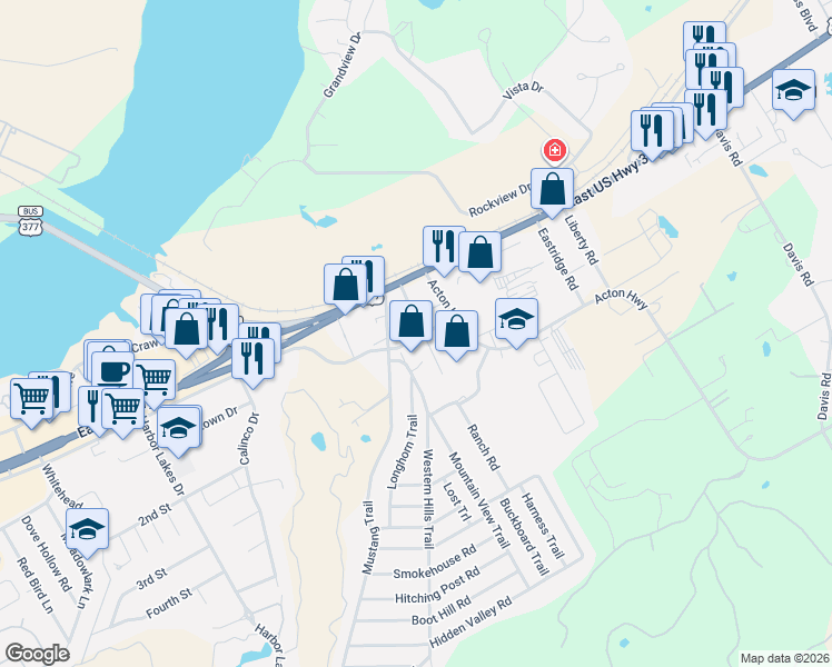 map of restaurants, bars, coffee shops, grocery stores, and more near 111 Kings Plaza in Granbury