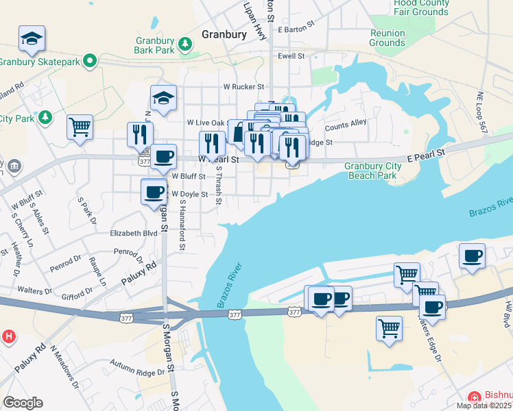 map of restaurants, bars, coffee shops, grocery stores, and more near 333 South Lambert Street in Granbury