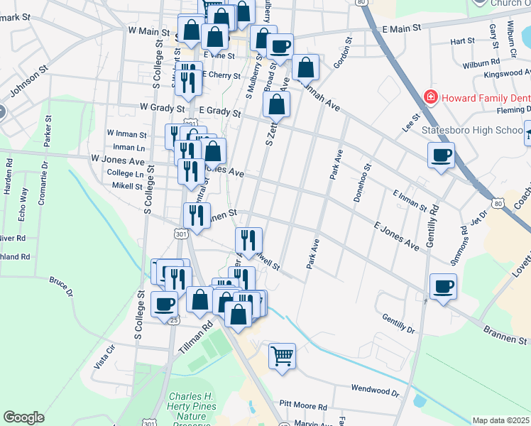 map of restaurants, bars, coffee shops, grocery stores, and more near 315 Donaldson Street in Statesboro