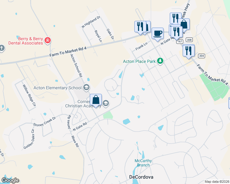 map of restaurants, bars, coffee shops, grocery stores, and more near 5413 Garden Circle in Granbury