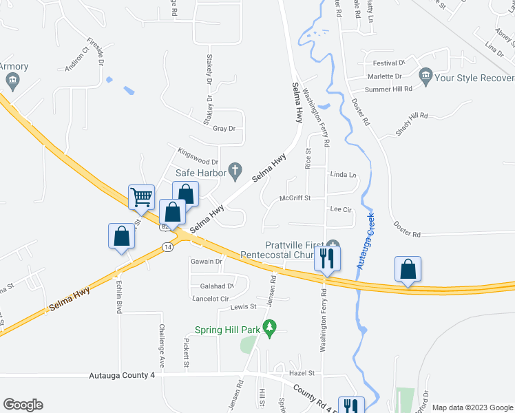 map of restaurants, bars, coffee shops, grocery stores, and more near 824 Cottage Lane in Prattville