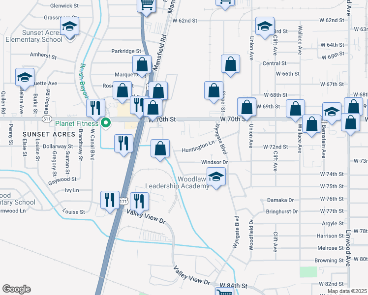 map of restaurants, bars, coffee shops, grocery stores, and more near 1021 Huntington Lane in Shreveport