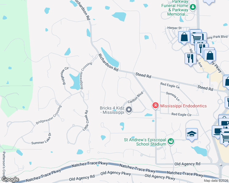 map of restaurants, bars, coffee shops, grocery stores, and more near 329 Hillview Drive in Ridgeland