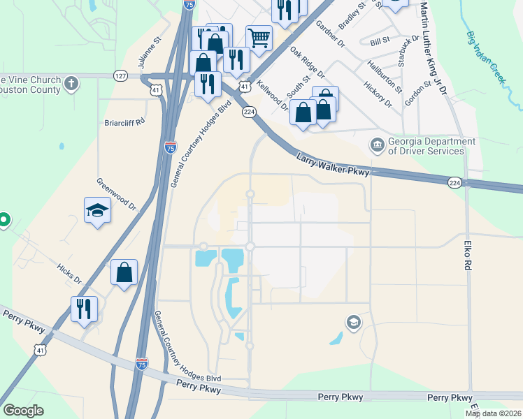 map of restaurants, bars, coffee shops, grocery stores, and more near 401 Golden Isles Parkway in Perry
