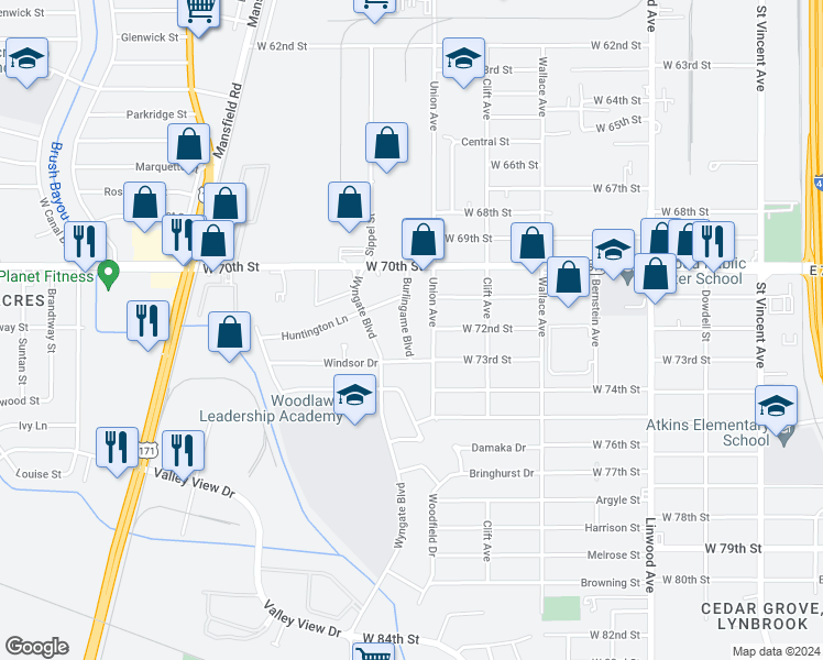 map of restaurants, bars, coffee shops, grocery stores, and more near 7113 Burlingame Boulevard in Shreveport