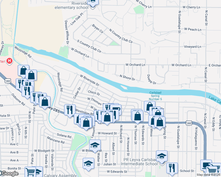 map of restaurants, bars, coffee shops, grocery stores, and more near 1308 West Riverside Drive in Carlsbad