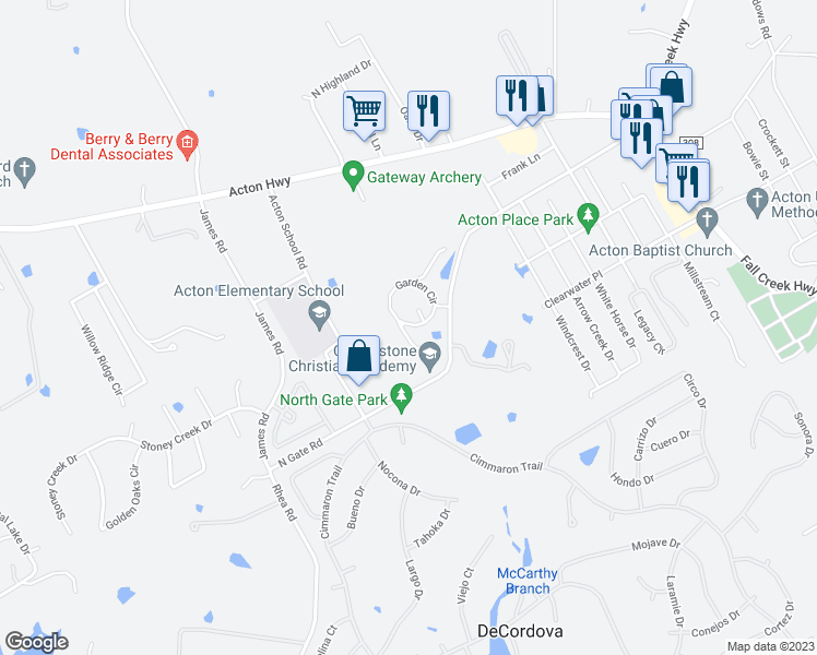 map of restaurants, bars, coffee shops, grocery stores, and more near 5230 North Gate Road in Granbury