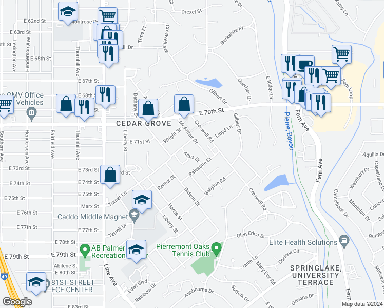 map of restaurants, bars, coffee shops, grocery stores, and more near 7401 Altus Street in Shreveport