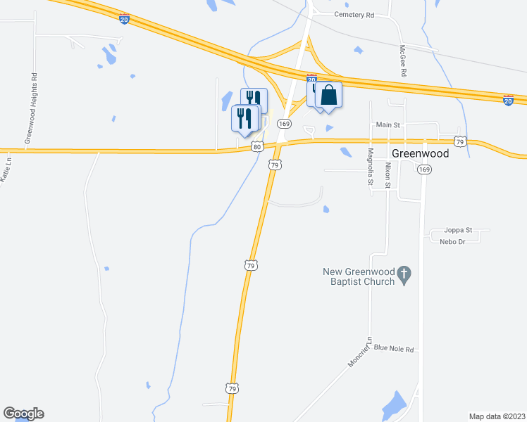 map of restaurants, bars, coffee shops, grocery stores, and more near 7807 U.S. 79 in Greenwood