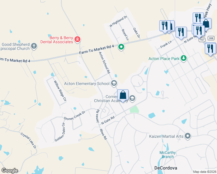 map of restaurants, bars, coffee shops, grocery stores, and more near 3000 Acton School Road in Granbury