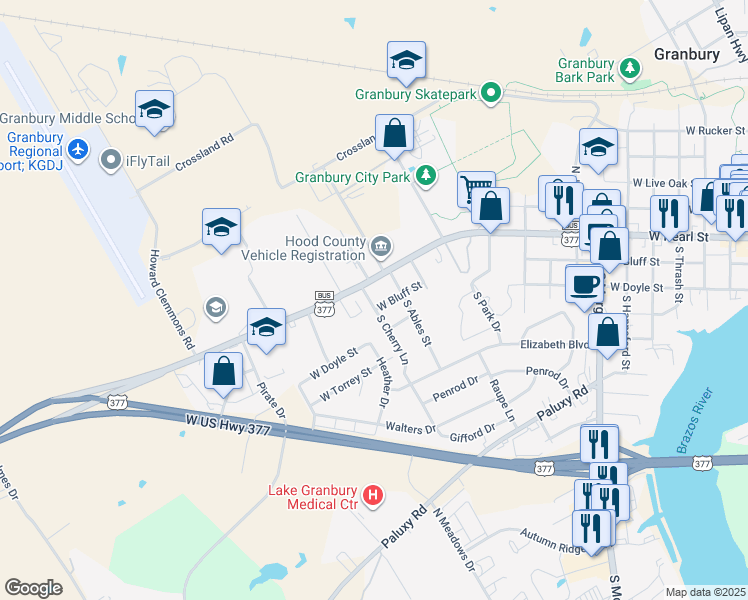 map of restaurants, bars, coffee shops, grocery stores, and more near 101 South Cherry Lane in Granbury