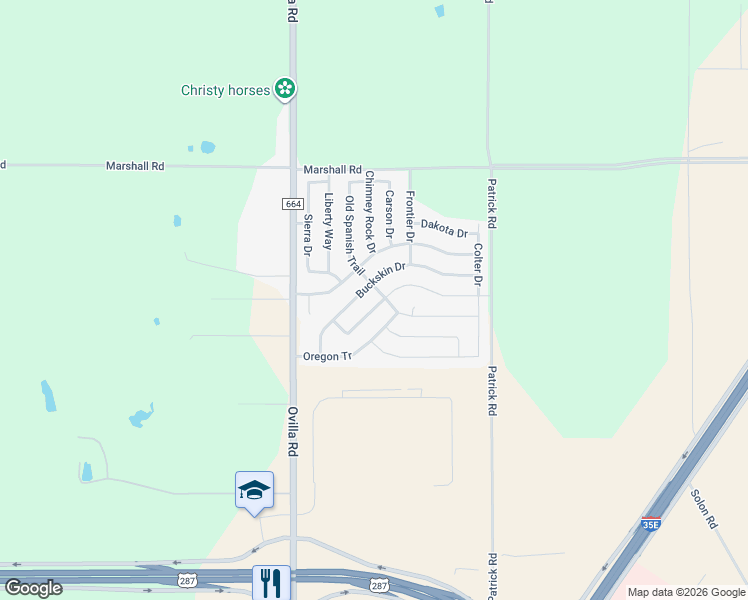 map of restaurants, bars, coffee shops, grocery stores, and more near 143 Old Settler's Trail in Waxahachie