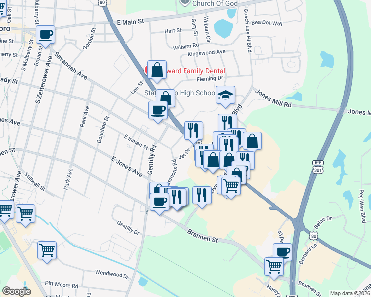 map of restaurants, bars, coffee shops, grocery stores, and more near 2 Deanna Drive in Statesboro