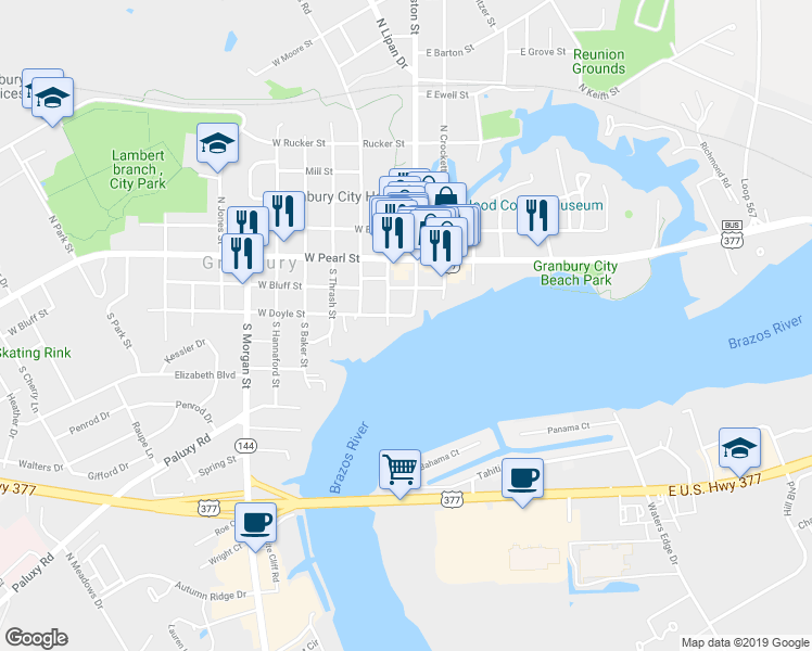 map of restaurants, bars, coffee shops, grocery stores, and more near 110 West Doyle Street in Granbury