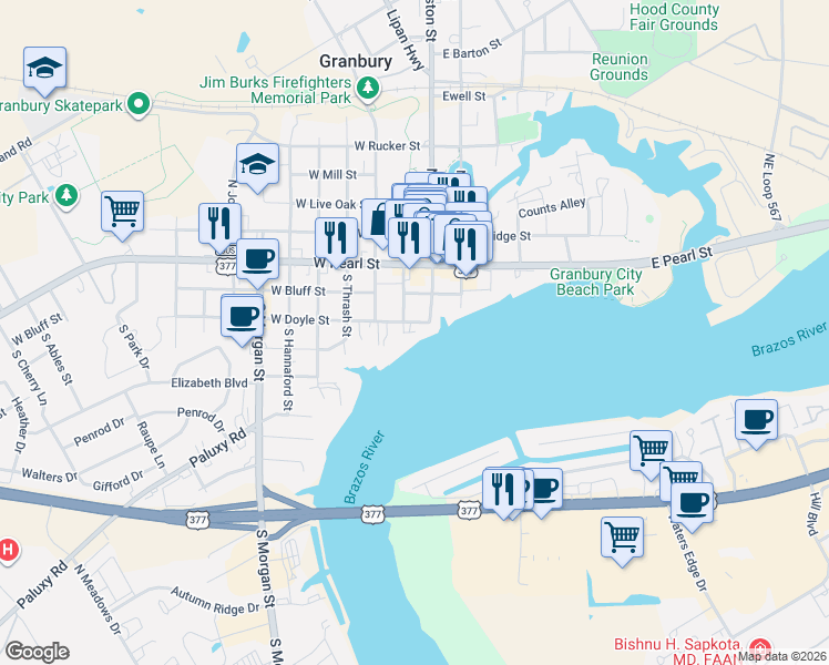 map of restaurants, bars, coffee shops, grocery stores, and more near 110 West Doyle Street in Granbury