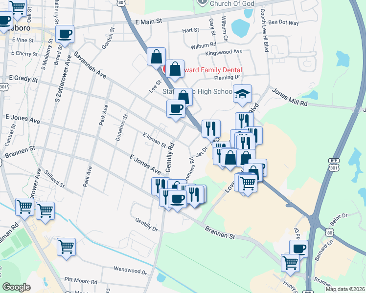 map of restaurants, bars, coffee shops, grocery stores, and more near 703 East Grady Street in Statesboro