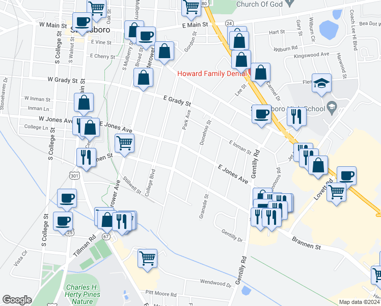 map of restaurants, bars, coffee shops, grocery stores, and more near 608 East Jones Avenue in Statesboro