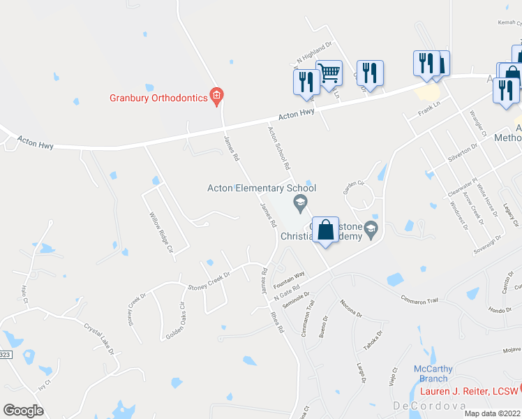 map of restaurants, bars, coffee shops, grocery stores, and more near 3016 James Road in Granbury