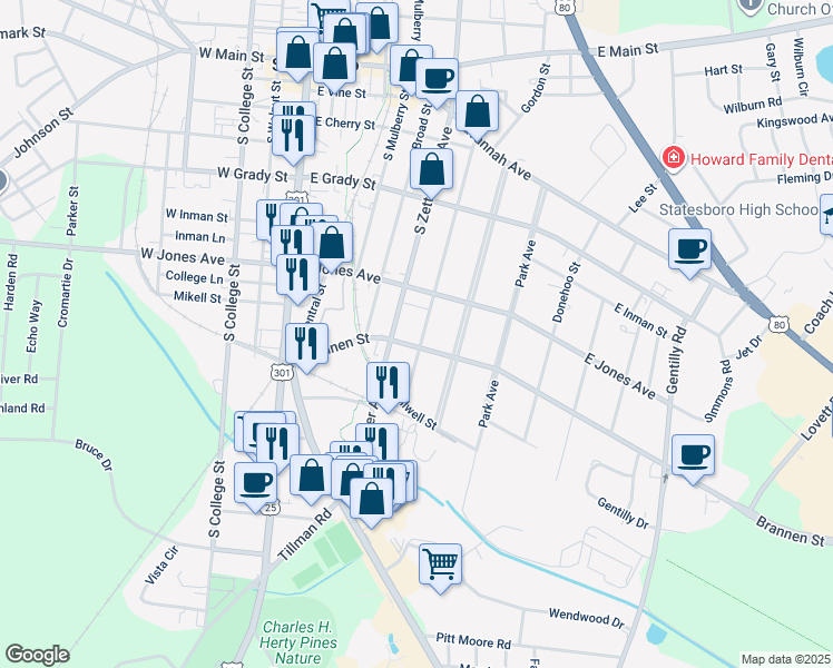 map of restaurants, bars, coffee shops, grocery stores, and more near 313 Donaldson St in Statesboro
