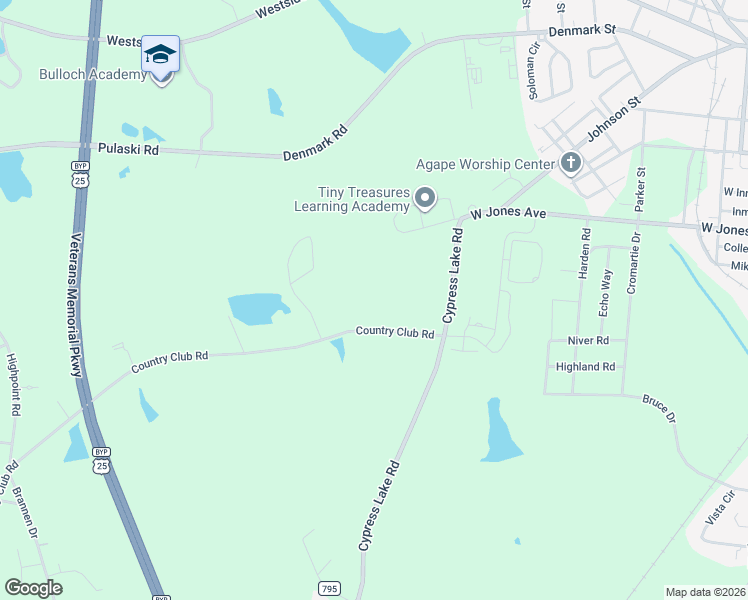 map of restaurants, bars, coffee shops, grocery stores, and more near 411 Country Club Road in Statesboro