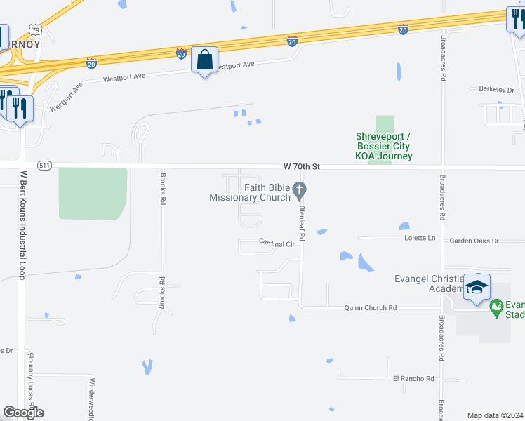 map of restaurants, bars, coffee shops, grocery stores, and more near 6801 West 70th Street in Shreveport