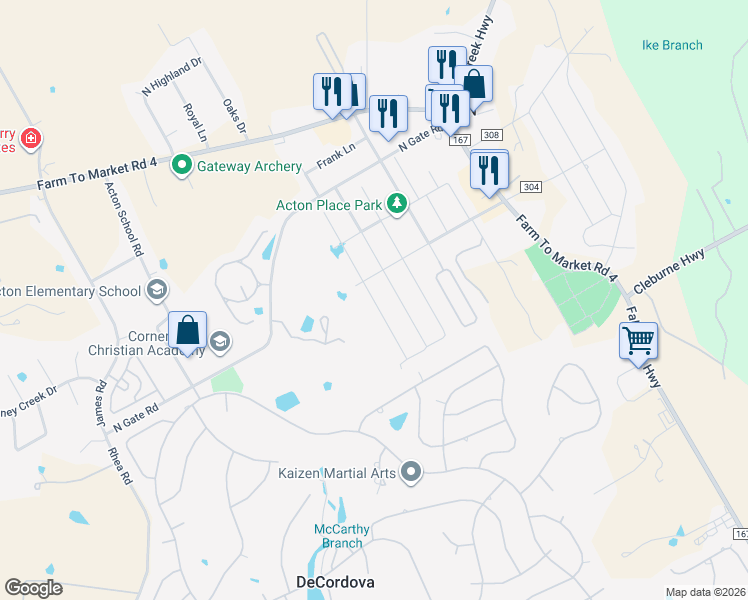 map of restaurants, bars, coffee shops, grocery stores, and more near 3313 Arrow Creek Drive in Granbury