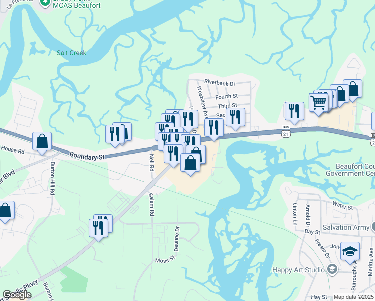 map of restaurants, bars, coffee shops, grocery stores, and more near in Beaufort