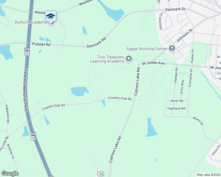 map of restaurants, bars, coffee shops, grocery stores, and more near 411 Country Club Road in Statesboro