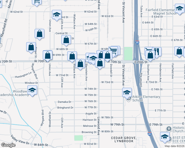 map of restaurants, bars, coffee shops, grocery stores, and more near 401 West 70th Street in Shreveport