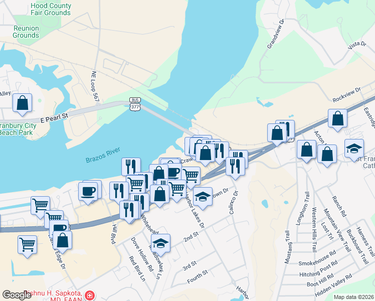 map of restaurants, bars, coffee shops, grocery stores, and more near Crawford Court in Granbury