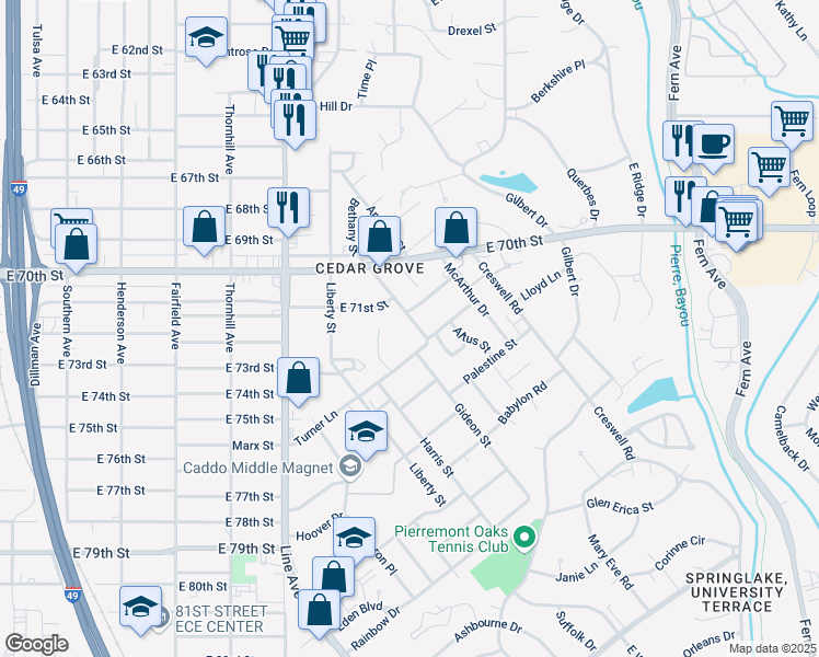 map of restaurants, bars, coffee shops, grocery stores, and more near 7212 Bethany Street in Shreveport