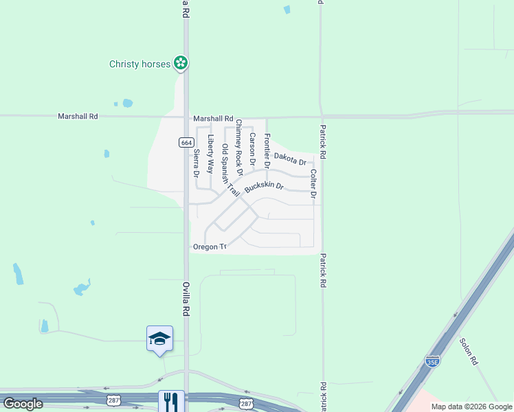 map of restaurants, bars, coffee shops, grocery stores, and more near 216 Old Settler's Trail in Waxahachie