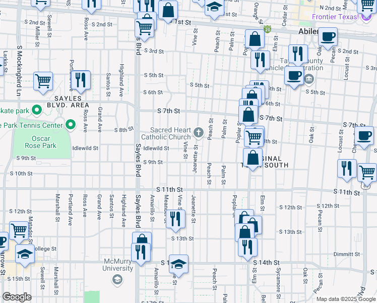 map of restaurants, bars, coffee shops, grocery stores, and more near 1743 Idlewild Street in Abilene