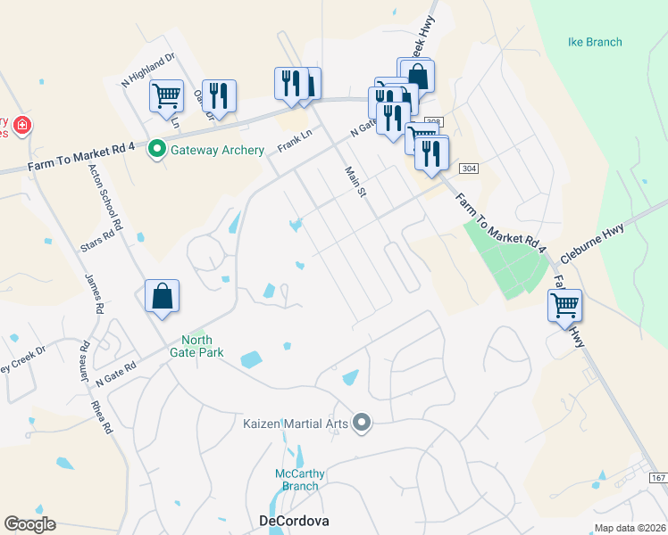 map of restaurants, bars, coffee shops, grocery stores, and more near 3309 Windcrest Drive in Granbury