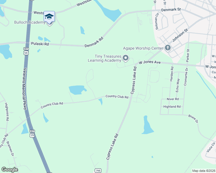 map of restaurants, bars, coffee shops, grocery stores, and more near 411 Country Club Road in Statesboro