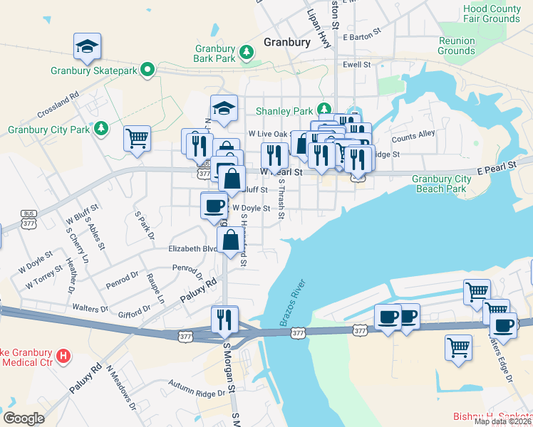 map of restaurants, bars, coffee shops, grocery stores, and more near 510 West Doyle Street in Granbury