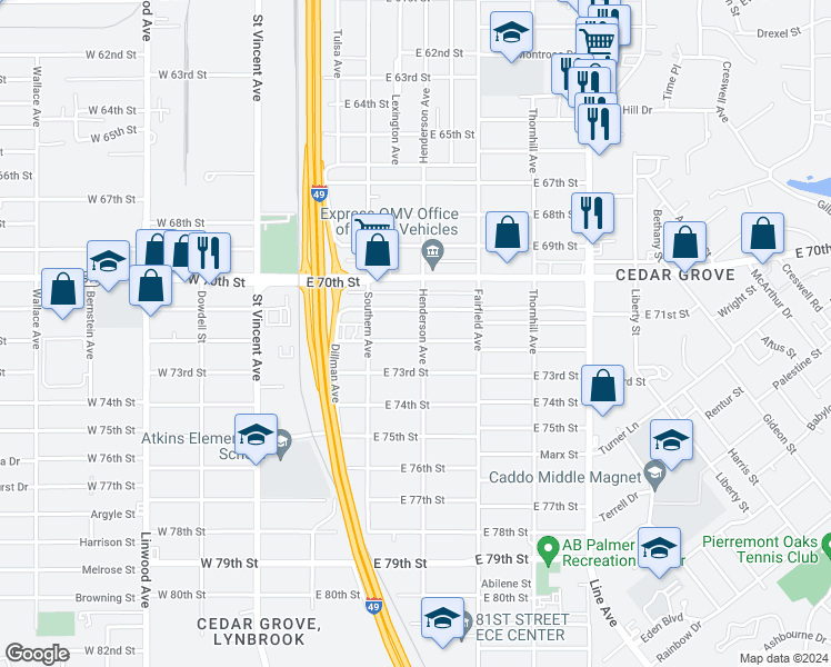 map of restaurants, bars, coffee shops, grocery stores, and more near 270 East 72nd Street in Shreveport