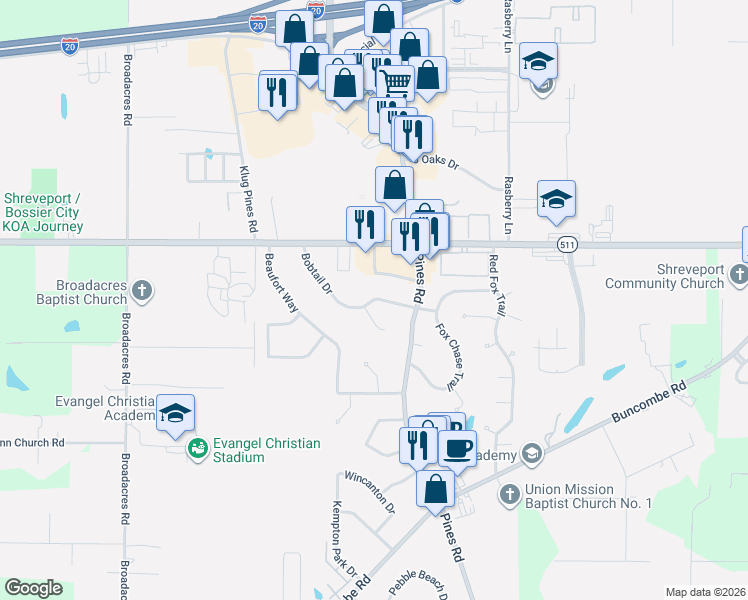 map of restaurants, bars, coffee shops, grocery stores, and more near 7000 Bobtail Drive in Shreveport