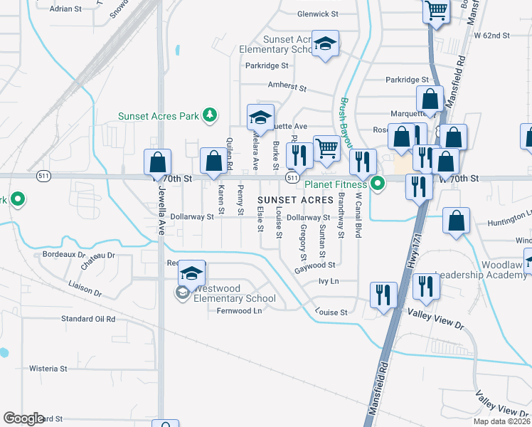 map of restaurants, bars, coffee shops, grocery stores, and more near in Shreveport