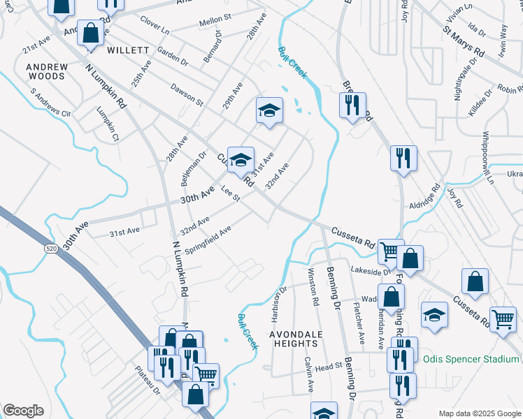 map of restaurants, bars, coffee shops, grocery stores, and more near 3215 Cusseta Road in Columbus