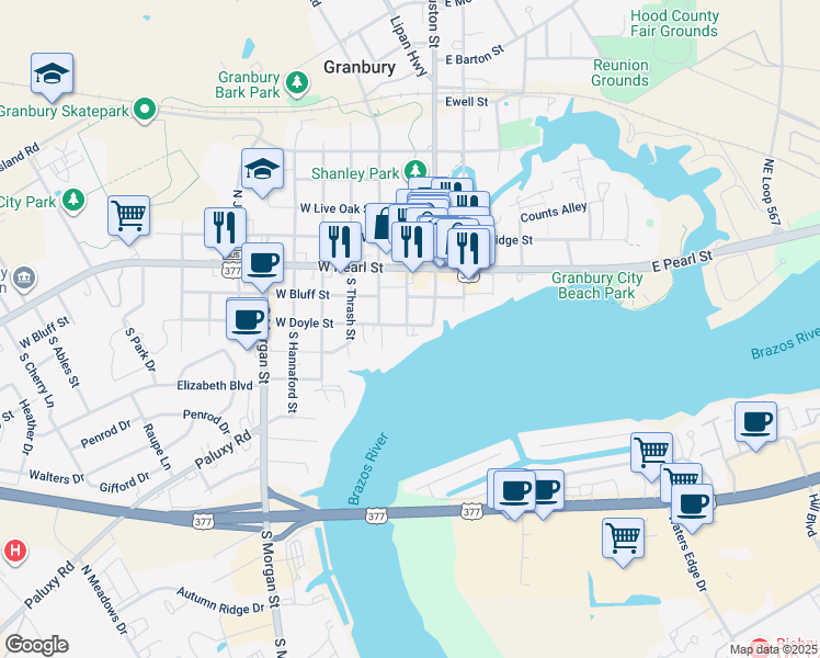 map of restaurants, bars, coffee shops, grocery stores, and more near 110 West Doyle Street in Granbury