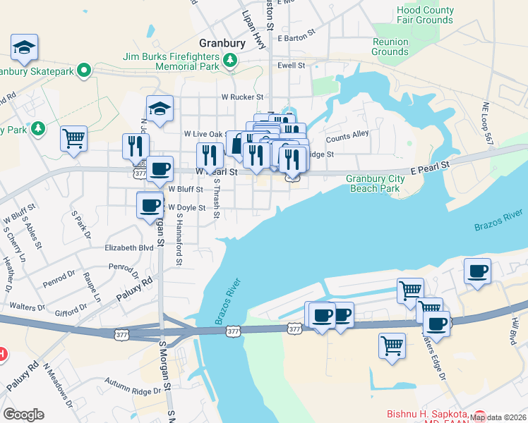 map of restaurants, bars, coffee shops, grocery stores, and more near 105 West Doyle Street in Granbury