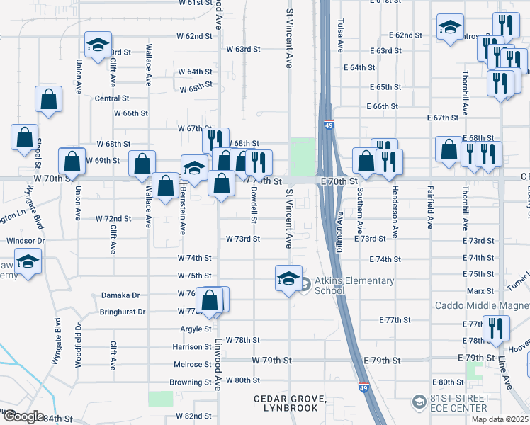 map of restaurants, bars, coffee shops, grocery stores, and more near 269 West 71st Street in Shreveport