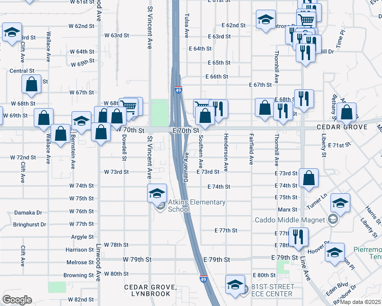 map of restaurants, bars, coffee shops, grocery stores, and more near 128 East 72nd Street in Shreveport