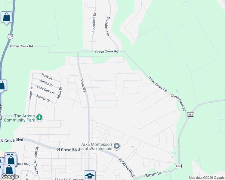 map of restaurants, bars, coffee shops, grocery stores, and more near 299 Barbara Way in Waxahachie