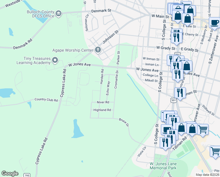 map of restaurants, bars, coffee shops, grocery stores, and more near 110 Echo Way in Statesboro