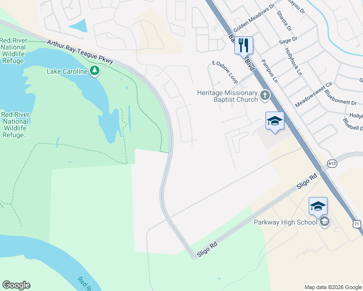 map of restaurants, bars, coffee shops, grocery stores, and more near Arthur Ray Teague Parkway in Bossier City