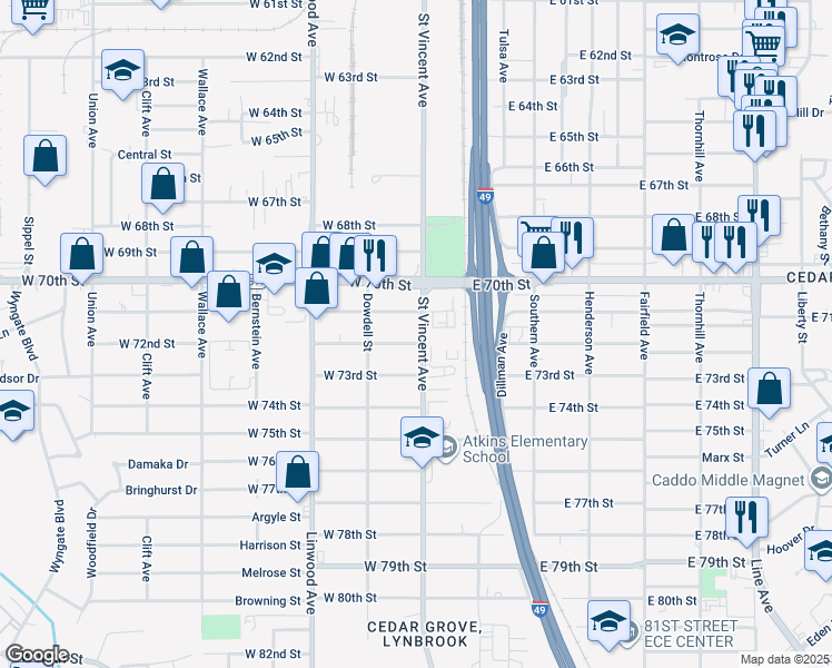 map of restaurants, bars, coffee shops, grocery stores, and more near 7112 Saint Vincent Avenue in Shreveport
