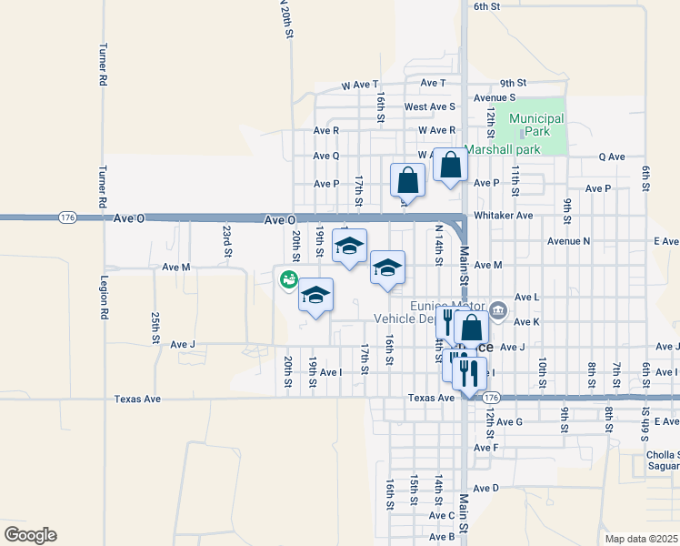 map of restaurants, bars, coffee shops, grocery stores, and more near 1840 Ave M in Eunice