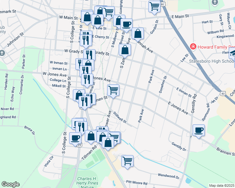 map of restaurants, bars, coffee shops, grocery stores, and more near 309 South Zetterower Avenue in Statesboro